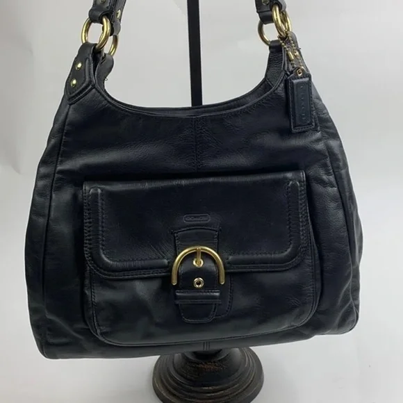 Coach Campbell F24686 Black Leather Shoulder Bag Gold hardware Pockets